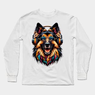 Grinning Bohemian Shepherd as Smiling DJ with Headphones Long Sleeve T-Shirt